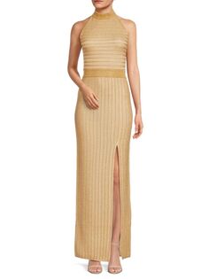 Платье-колонна с разрезом спереди и воротником-стойкой Hervé Léger, цвет Metallic Gold