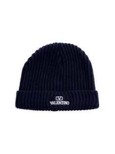 Вязаная шапка в рубчик с логотипом Valentino Garavani, темно-синий