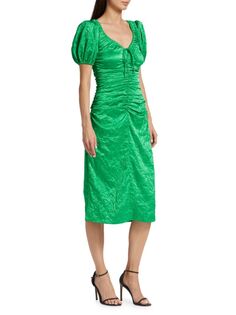 Атласное платье-миди со сборками Ganni, цвет Bright Green