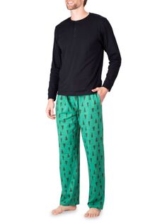 Пижамный комплект из двух предметов: футболка Henley и штаны Evergreen Tree Sleephero, зеленый