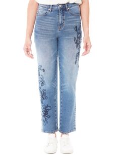 Узкие прямые джинсы с высокой посадкой и вышивкой Nicole Miller, цвет Medium Blue