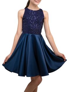 Платье А-силуэта из кружева и атласа с пайетками для девочек Un Deux Trois, темно-синий