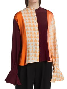 Шелковая рубашка с рюшами в стиле пэчворк Studio 189, оранжевыйовый микс