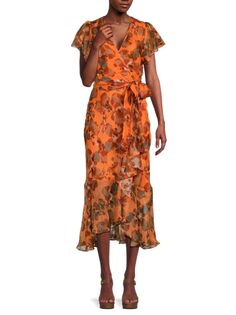 Платье миди из льна и гладкого материала Blaire с цветочным принтом Tanya Taylor, цвет Orange Multicolor