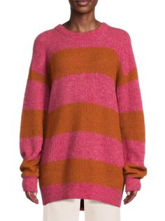 Свитер с круглым вырезом из мягкой шерсти альпаки в полоску Naadam, цвет Pink Combo