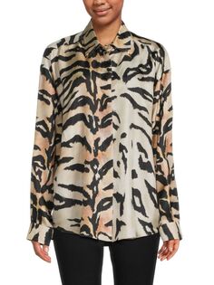 Шелковая рубашка на пуговицах с тигровым принтом Roberto Cavalli, цвет Beige Multi