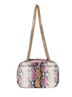 Кожаная сумка через плечо со змеиным принтом и логотипом Moschino, цвет Pink Multi