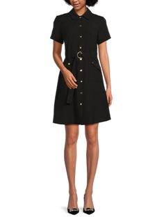 Платье-рубашка с заостренным воротником и поясом Sharagano, цвет Very Black