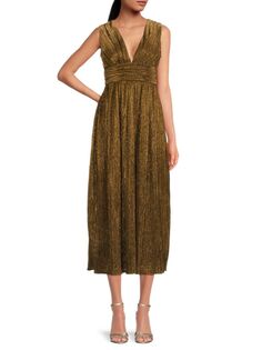Плиссированное платье миди с эффектом металлик в стиле ампир Guess, золото
