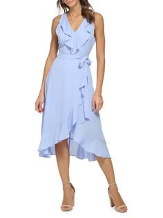 Асимметричное платье миди с поясом и рюшами Kensie, цвет Perri Blue