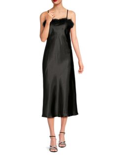 Атласное платье-комбинация миди с перьями Bebe, черный