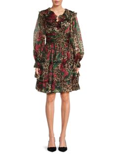 Шелковое платье с леопардовым принтом и рюшами Dolce&amp;Gabbana, коричневый