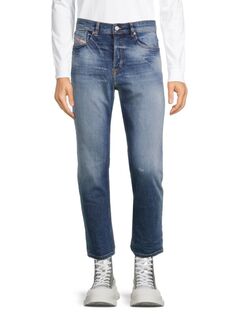 Укороченные джинсы с высокой посадкой и потертостями Diesel, цвет Denim