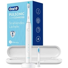 Электрическая зубная щетка Oral-B Pulsonic Slim Clean 2500 с 2 насадками и дорожным футляром — белая, Oral B
