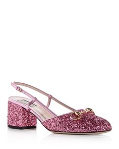 Женские блестящие туфли-лодочки с пяткой на пятке Horsebit Gucci, цвет Pink
