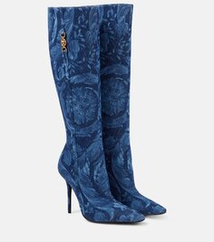 Жаккардовые сапоги barocco до колена Versace, синий