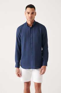 Мужская рубашка приталенного кроя с воротником на пуговицах цвета индиго, текстурированная хлопковая рубашка Avva, темно-синий