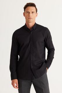 Мужская черная приталенная рубашка с узким кроем и оксфордским воротником на пуговицах, льняная расклешенная рубашка из 100% хлопка AC&amp;Co/Altınyıldız Classics AC&amp;Co Altinyildiz Classics, черный