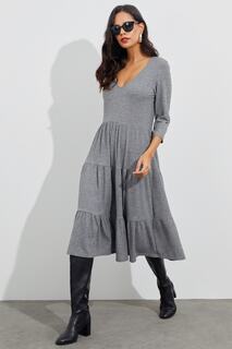 Женское серое трикотажное платье миди с v-образным вырезом İZ16EX Cool &amp; Sexy, серый