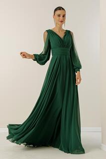 Спереди сзади с V-образным вырезом спереди с драпированными рукавами и подкладкой из тюля, длинное шифоновое платье широкого размера By Saygı, зеленый