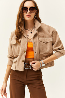 Женская укороченная куртка светло-коричневого цвета на подкладке с 4 карманами Olalook, коричневый