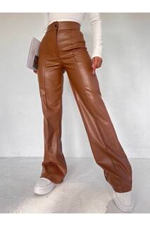 Женские кожаные брюки в рубчик VOLT CLOTHİNG, коричневый