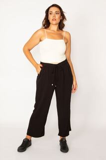 Женские черные брюки из вискозной ткани с эластичной талией, кружевной отделкой и боковыми карманами 65n33981 Şans, черный