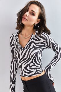 Женская блузка из микронной ткани с воротником-поло и узором Bianco Lucci, черный