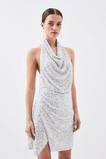Миниатюрное трикотажное мини-платье с воротником-хомутом и пайетками Petite Karen Millen, серебро