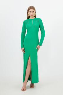 Миниатюрное тканое платье макси с длинными рукавами и кади премиум-класса с ажурным узором Karen Millen, зеленый
