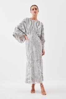 Миниатюрное тканое платье макси с рукавами-кимоно и украшением Karen Millen, серебро