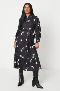Миниатюрное черное платье-рубашка миди с цветочным принтом и оборкой на подоле Dorothy Perkins, мультиколор