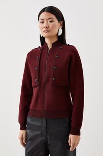 Компактная трикотажная куртка в стиле милитари из смесовой шерсти Karen Millen, красный