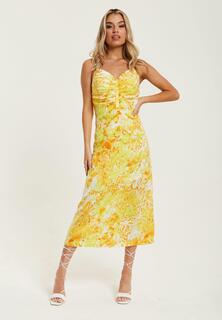 Желто-оранжевое платье макси со сборками и цветочным принтом Liquorish, желтый