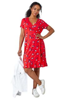 Миниатюрное эластичное платье с запахом и цветочным принтом Roman, красный
