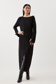 Компактное вязаное платье миди с заниженными плечами и миниатюрными шерстяными принтами Karen Millen, черный