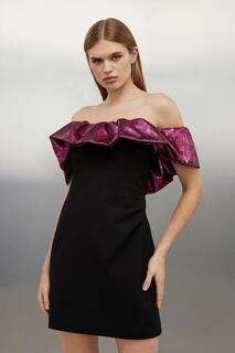 Компактное компактное мини-платье с рюшами и рюшами на заказ Karen Millen, черный