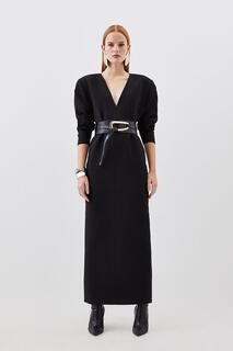 Компактное платье макси со сборками и рукавами стрейч Karen Millen, черный