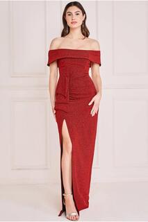 Платье макси Sparkle Bardot с рюшами-водопадами Goddiva, красный