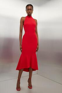 Компактное платье миди с высоким воротником и высоким воротником из эластичного водопада Karen Millen, красный