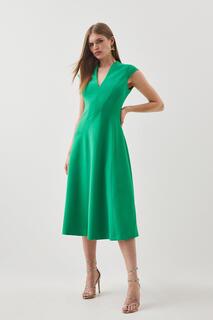 Компактное платье миди с пышной юбкой и высокой горловиной, эластичным швом Karen Millen, зеленый