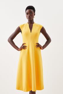 Компактное платье миди с пышной юбкой и высокой горловиной, эластичным швом Karen Millen, желтый