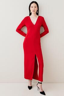 Компактное приталенное платье макси из вискозы с длинными рукавами и разрезом спереди Karen Millen, красный