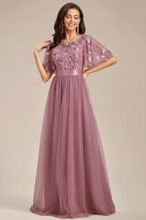 Женские трапециевидные платья с короткими рукавами и вышивкой длиной до пола, свадебные платья для гостей Ever Pretty, розовый