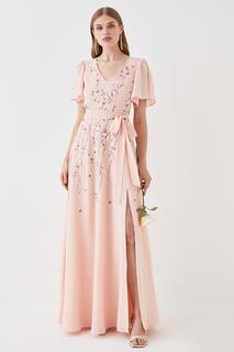 Платье макси для подружек невесты премиум-класса с цветочной вышивкой Coast, розовый
