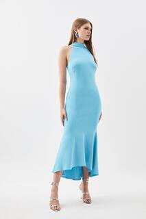Компактное эластичное платье миди с высоким воротником и водопадом Karen Millen, синий