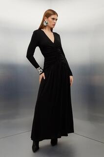 Платье макси из вискозного джерси премиум-класса со сборками Karen Millen, черный