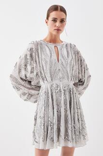 Мини-платье Petite с рукавами-кимоно и украшением Karen Millen, серебро