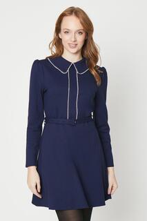 Мини-платье Ponte с контрастной строчкой, воротником-фестоном и поясом Oasis, темно-синий