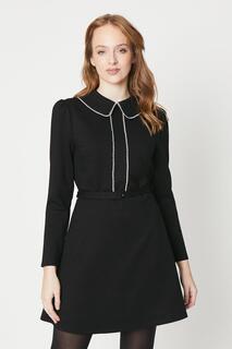 Мини-платье Ponte с контрастной строчкой, воротником-фестоном и поясом Oasis, черный